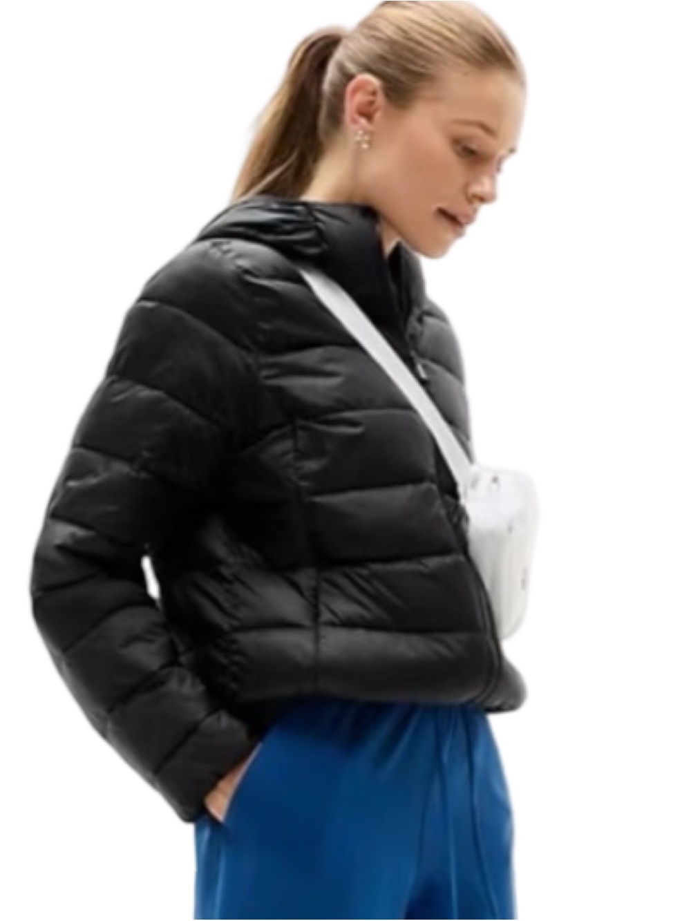 Athleta Aire Puffer Black Lightweight Packable Hooded Jacket Size M EUC - Picture 3 of 12